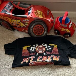Lightning McQueen costume with parent shirt and basket